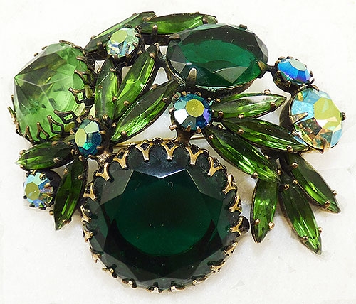 Regency Green Glass and Rhinestone Brooch - Garden Party