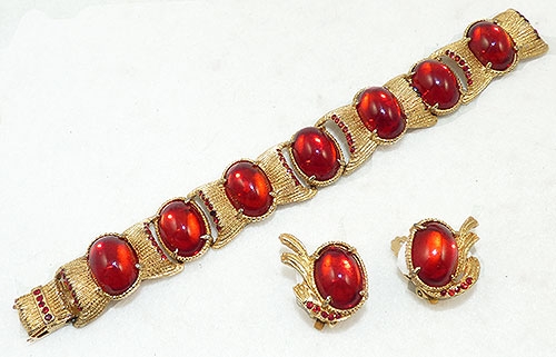 Vintage Red & Gold Bracelet Cabochon One of a Kind Repurposed
