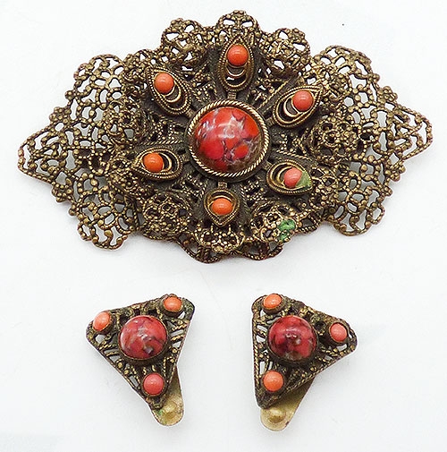 Newly Added Gilded Filigree Brooch and Dress Clips Set