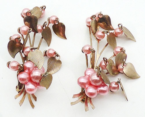 Newly Added Pink Faux Pearl Flower and Leaves Ear Climbers